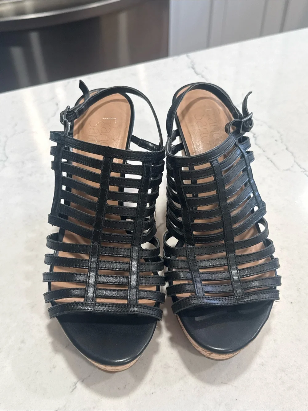 Franco Sarto Women’s Black Strappy Cork Wedge Ankle Strap Sandals US 8